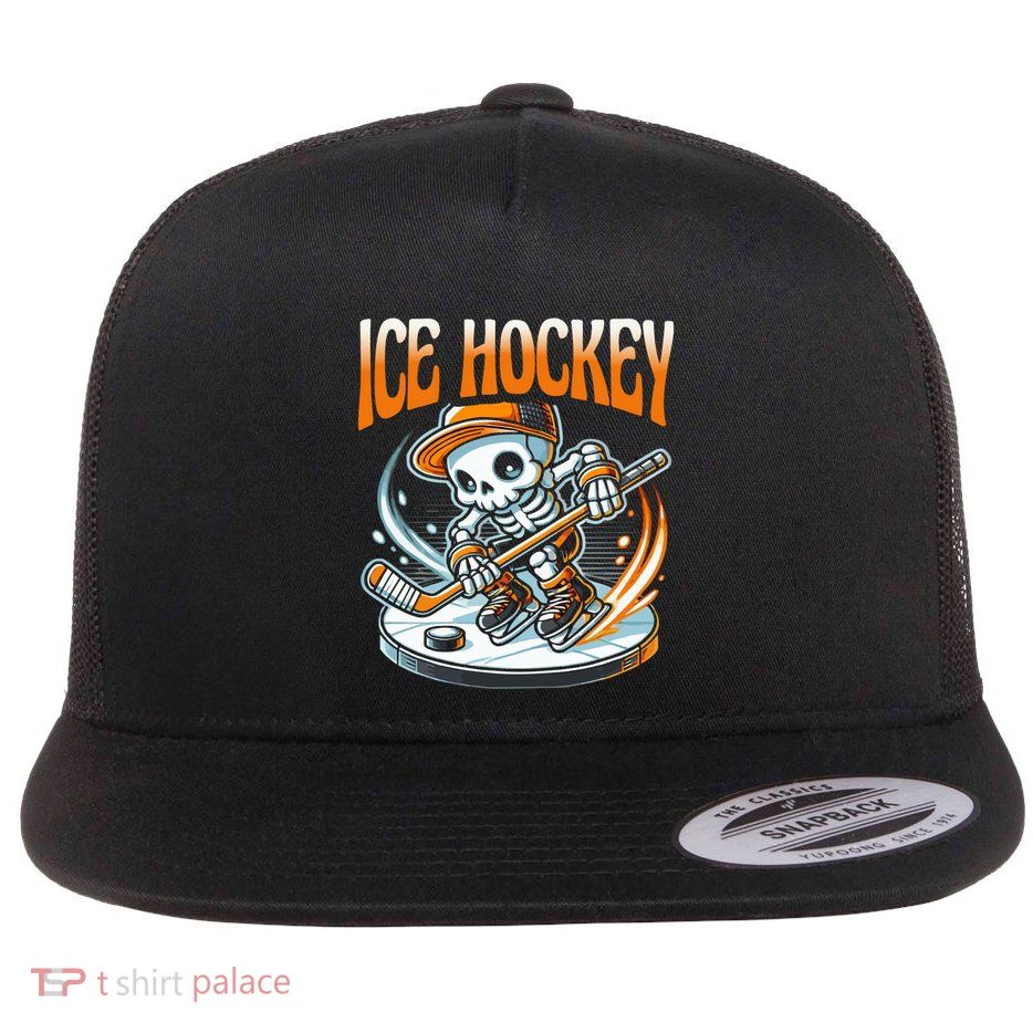 Ice Hockey Cool Skeleton Graphic Cute Gift Flat Bill Trucker Hat