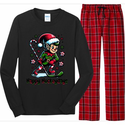 Ice Hockey Christmas Funny Elf And Sports For Xmas Holidays Gift Long Sleeve Pajama Set