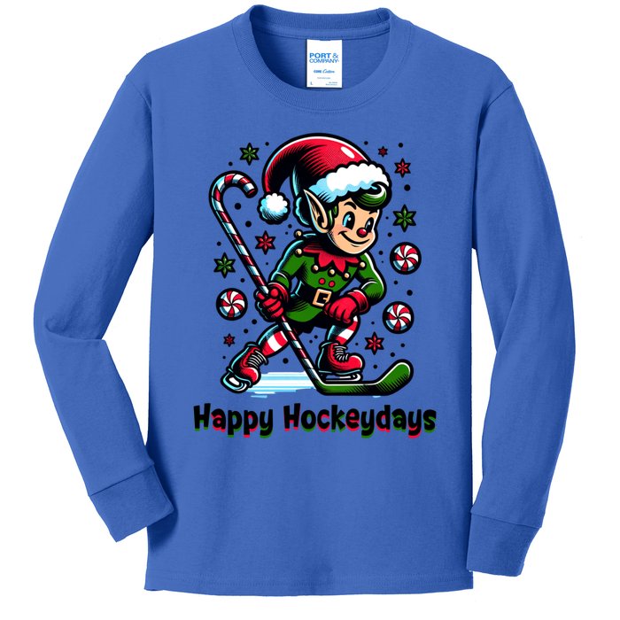 Ice Hockey Christmas Funny Elf And Sports For Xmas Holidays Gift Kids Long Sleeve Shirt