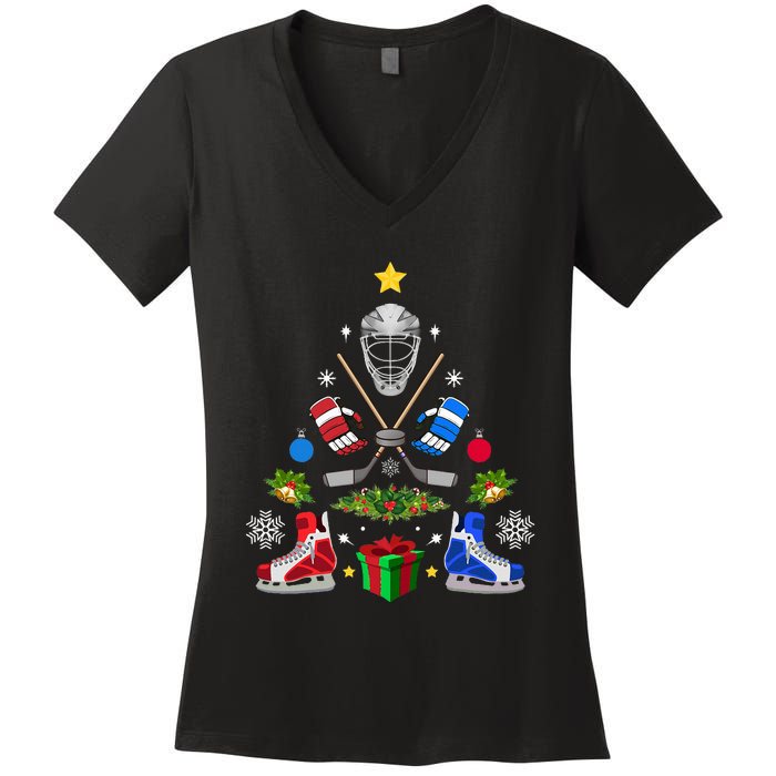 Ice Hockey Christmas Tree Ornaments Women's V-Neck T-Shirt