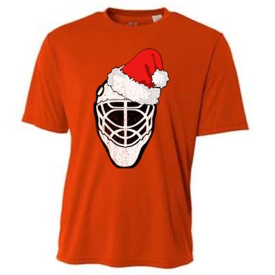 Ice Hockey Christmas Funny Goalie Santa Hat Hockey Fan Gift Cooling Performance Crew T-Shirt