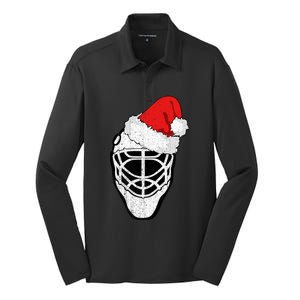 Ice Hockey Christmas Funny Goalie Santa Hat Hockey Fan Gift Silk Touch Performance Long Sleeve Polo