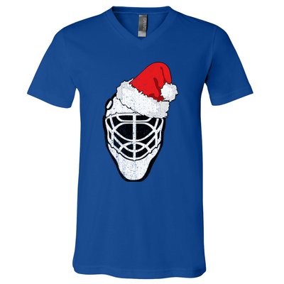 Ice Hockey Christmas Funny Goalie Santa Hat Hockey Fan Gift V-Neck T-Shirt