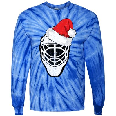 Ice Hockey Christmas Funny Goalie Santa Hat Hockey Fan Gift Tie-Dye Long Sleeve Shirt