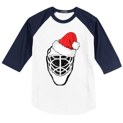 Ice Hockey Christmas Funny Goalie Santa Hat Hockey Fan Gift Baseball Sleeve Shirt