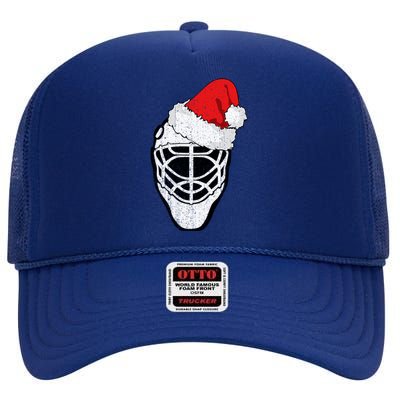 Ice Hockey Christmas Funny Goalie Santa Hat Hockey Fan Gift High Crown Mesh Back Trucker Hat