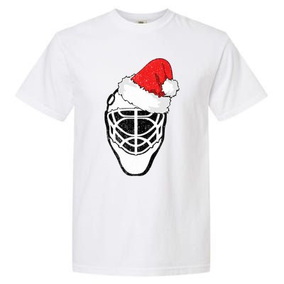 Ice Hockey Christmas Funny Goalie Santa Hat Hockey Fan Gift Garment-Dyed Heavyweight T-Shirt