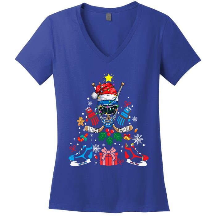 Ice Hockey Christmas Ornat Tree Santa Sports Gift Women's V-Neck T-Shirt