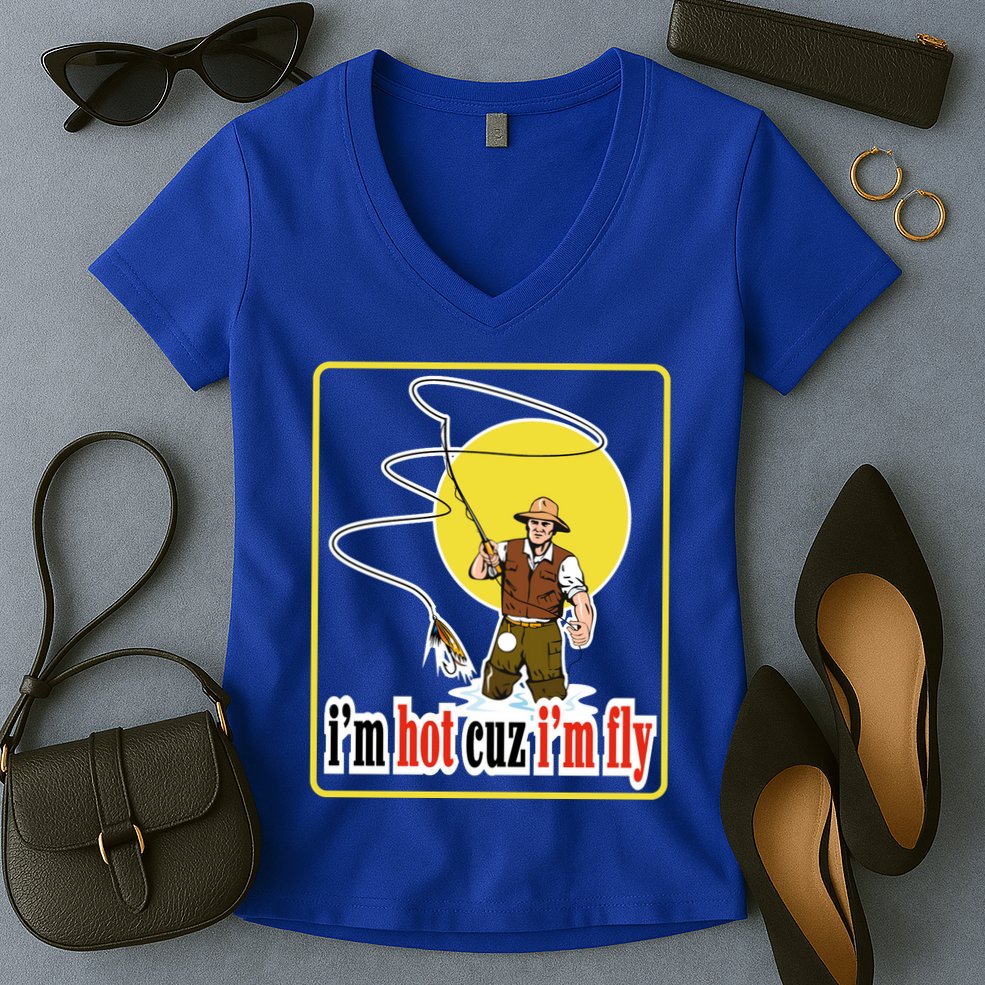 I'm Hot Cuz I'm Fly Fly Fishing Funny Women's V-Neck T-Shirt