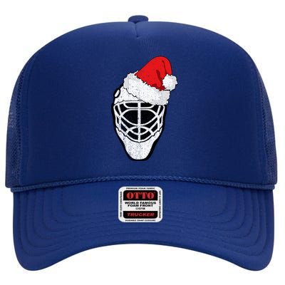 Ice Hockey Christmas Funny Goalie Santa Hat Hockey Fan Great Gift High Crown Mesh Back Trucker Hat