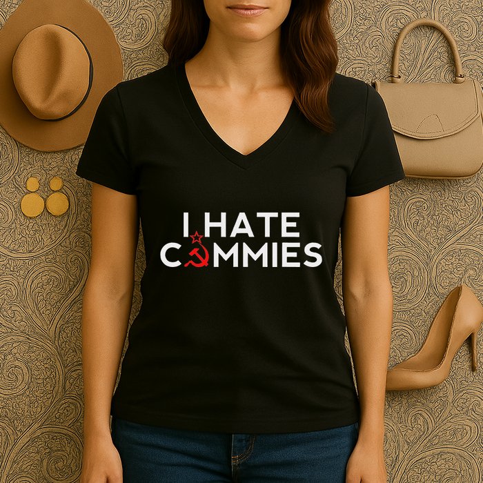 I Hate Commies Anti Russian President Ronald Reagan Women's V-Neck T-Shirt
