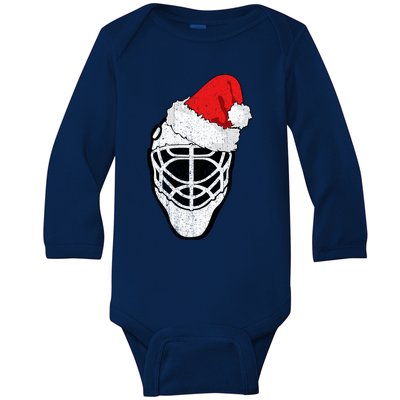 Ice Hockey Christmas Funny Goalie Santa Hat Hockey Fan Gift Baby Long Sleeve Bodysuit