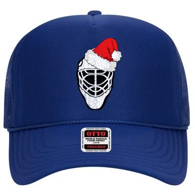 Ice Hockey Christmas Funny Goalie Santa Hat Hockey Fan Gift High Crown Mesh Back Trucker Hat