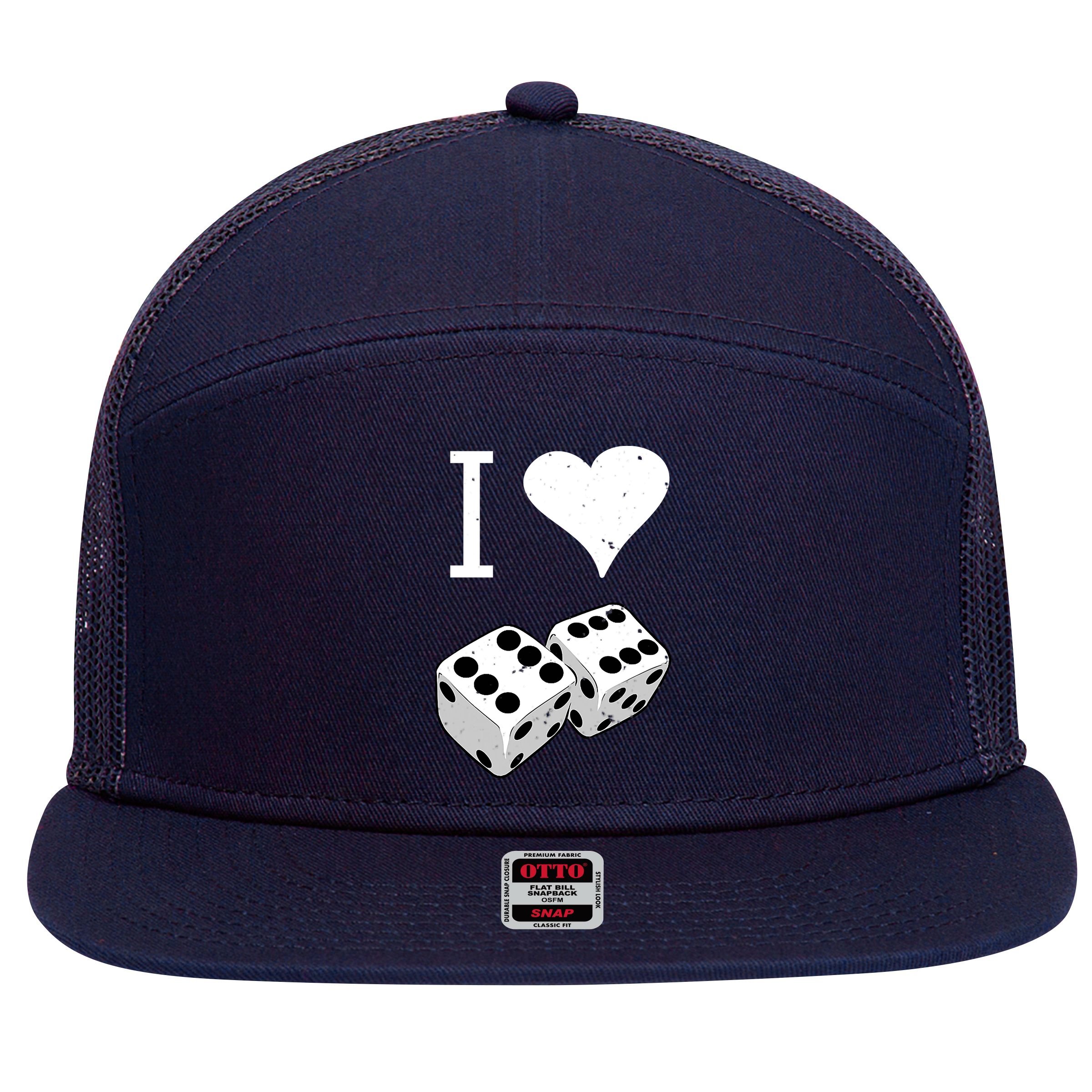 I Heart Dice Rolling Playing Betting Gambling Love 7 Panel Mesh Trucker Snapback Hat