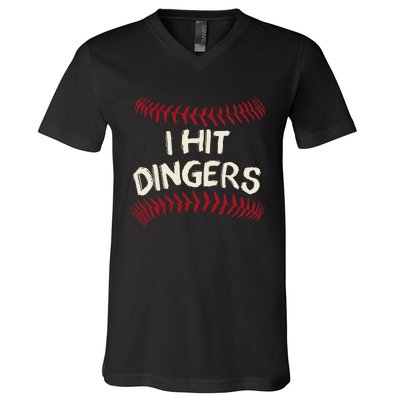 I Hit Dingers Baseball Softball V-Neck T-Shirt