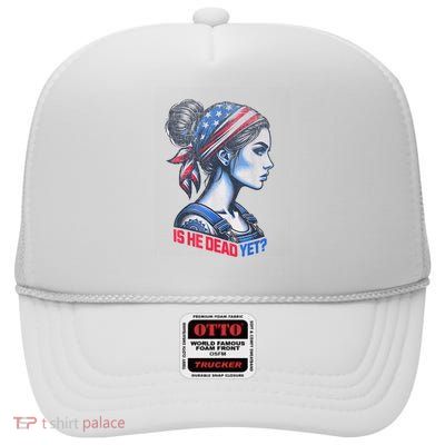 Is He Dead Yet Messy Hair Bun Women Us Flag Turban Girl High Crown Mesh Back Trucker Hat