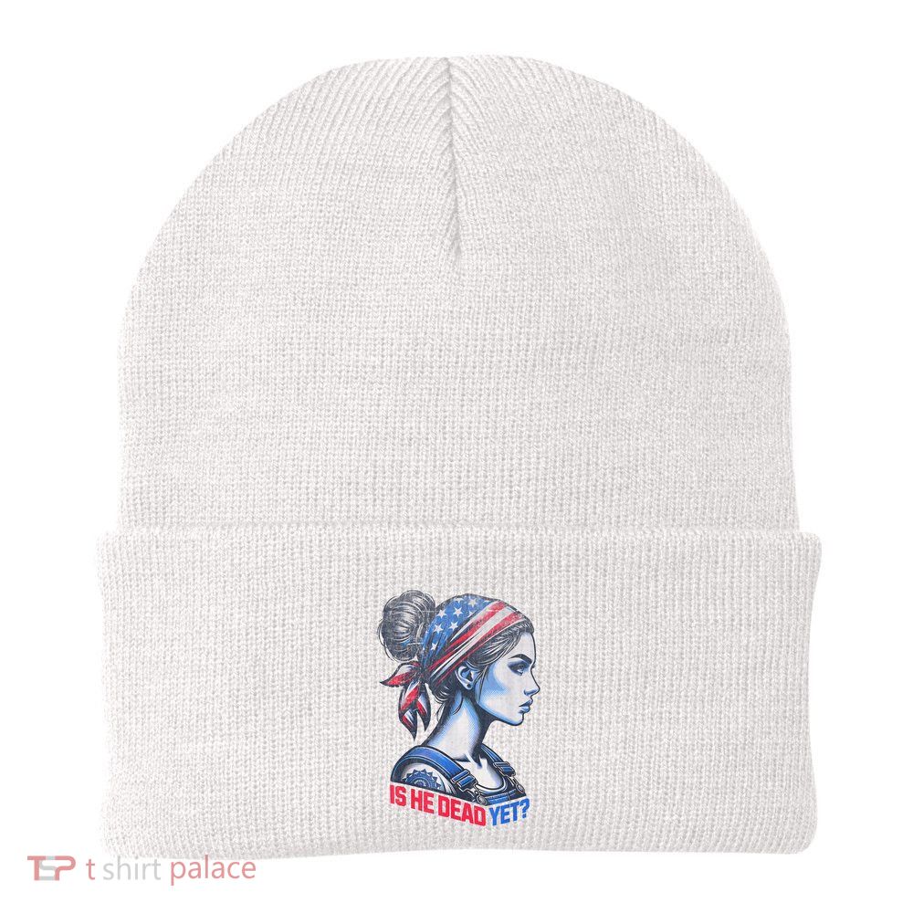 Is He Dead Yet Messy Hair Bun Women Us Flag Turban Girl Knit Cap Winter Beanie