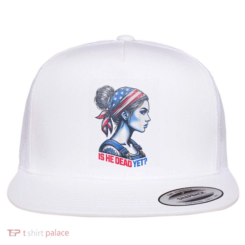 Is He Dead Yet Messy Hair Bun Women Us Flag Turban Girl Flat Bill Trucker Hat