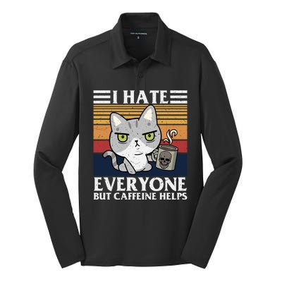 I Hate Everyone But Caffeine Helps Funny Cat Silk Touch Performance Long Sleeve Polo