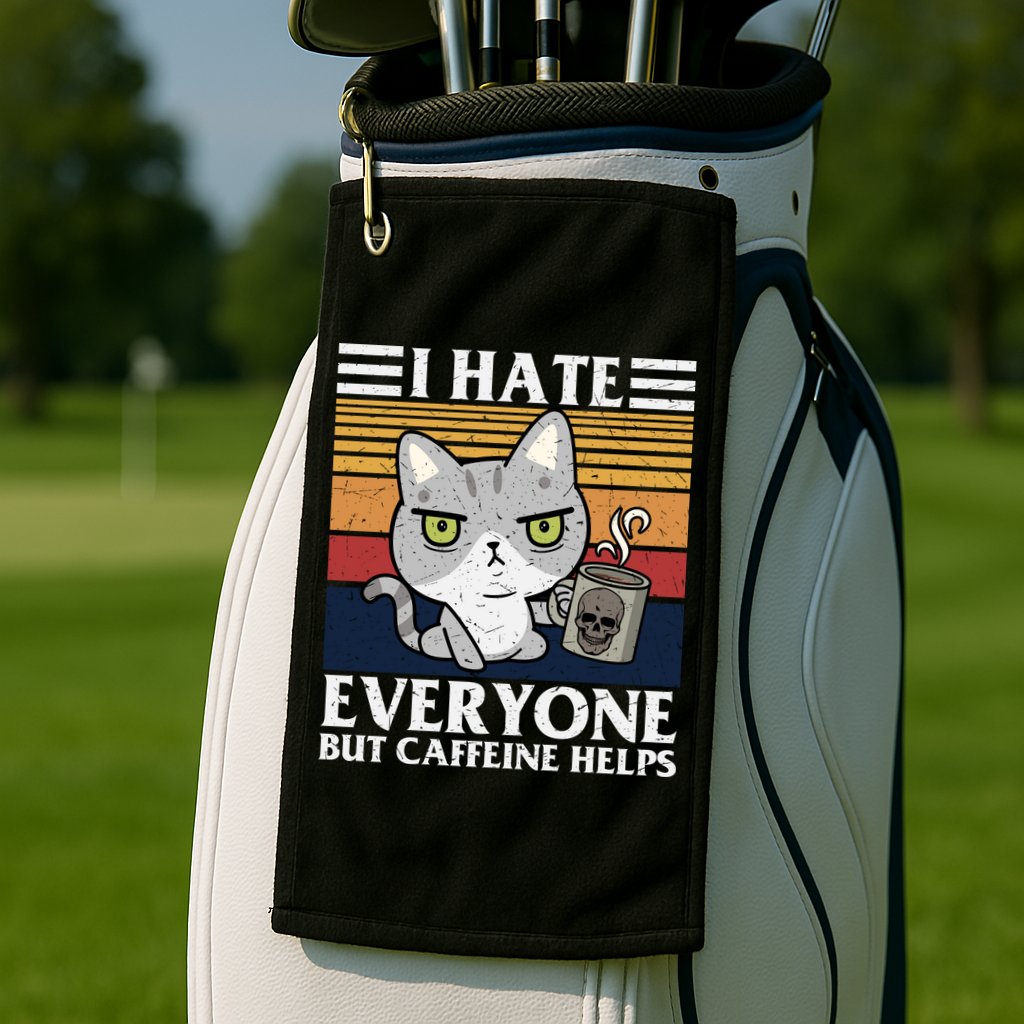 I Hate Everyone But Caffeine Helps Funny Cat Golf Towel