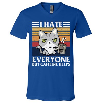 I Hate Everyone But Caffeine Helps Funny Cat V-Neck T-Shirt