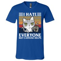 I Hate Everyone But Caffeine Helps Funny Cat V-Neck T-Shirt