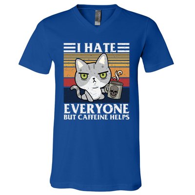 I Hate Everyone But Caffeine Helps Funny Cat V-Neck T-Shirt