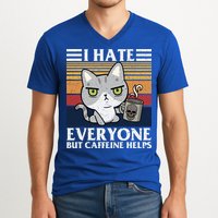 I Hate Everyone But Caffeine Helps Funny Cat V-Neck T-Shirt