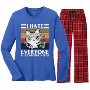 I Hate Everyone But Caffeine Helps Funny Cat Women's Long Sleeve Flannel Pajama Set 