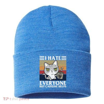 I Hate Everyone But Caffeine Helps Funny Cat Sustainable Knit Beanie