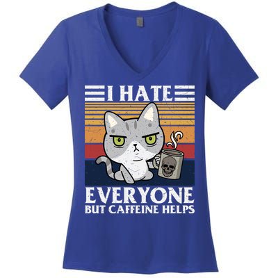 I Hate Everyone But Caffeine Helps Funny Cat Women's V-Neck T-Shirt