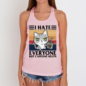 I Hate Everyone But Caffeine Helps Funny Cat Women's Knotted Racerback Tank