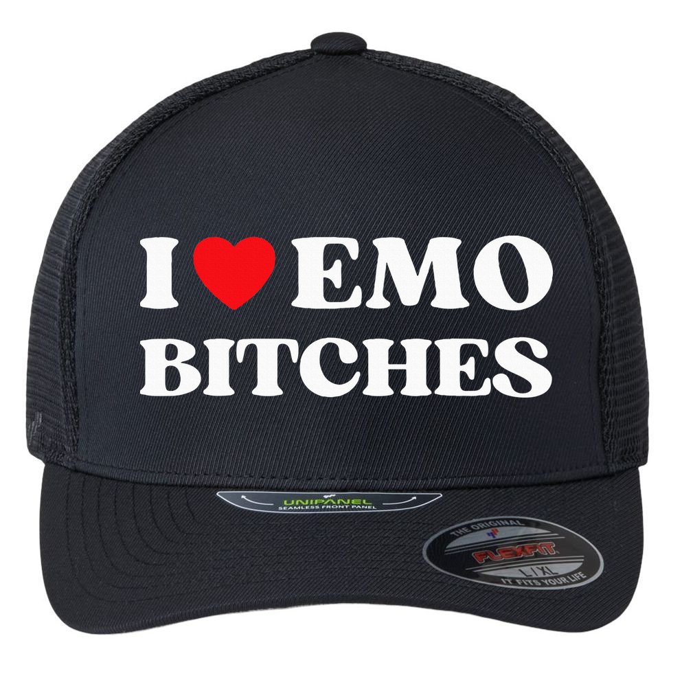 I Heart Emo Bitches Funny Quote Red Heart Emo Style Flexfit Unipanel Trucker Cap