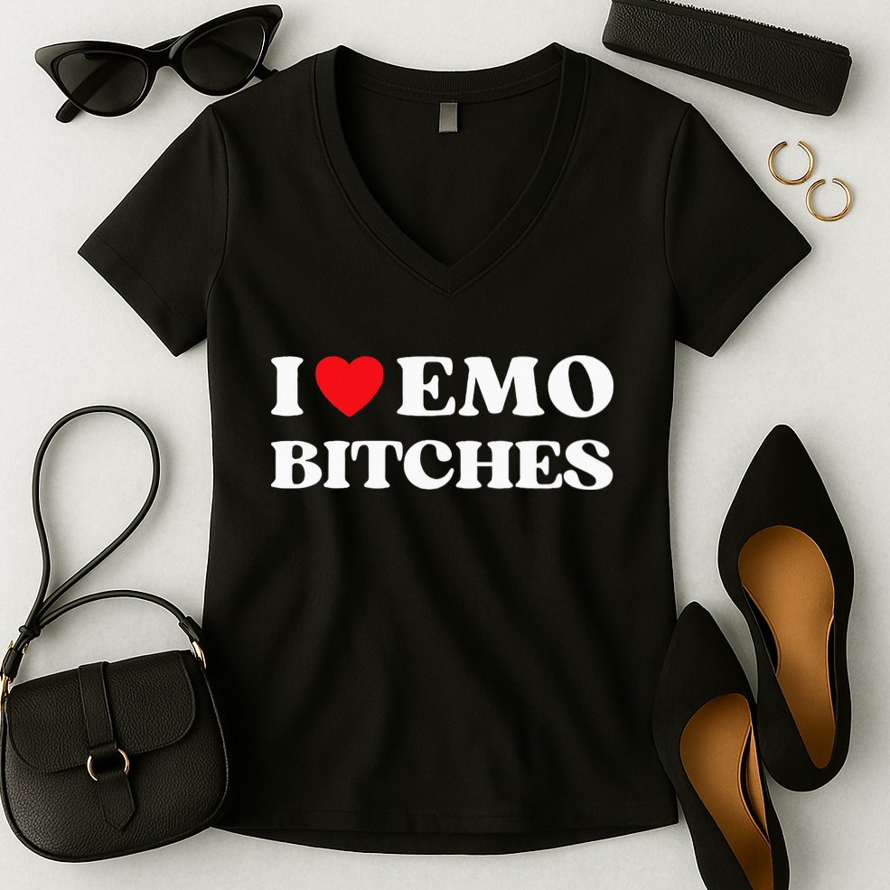 I Heart Emo Bitches Funny Quote Red Heart Emo Style Women's V-Neck T-Shirt