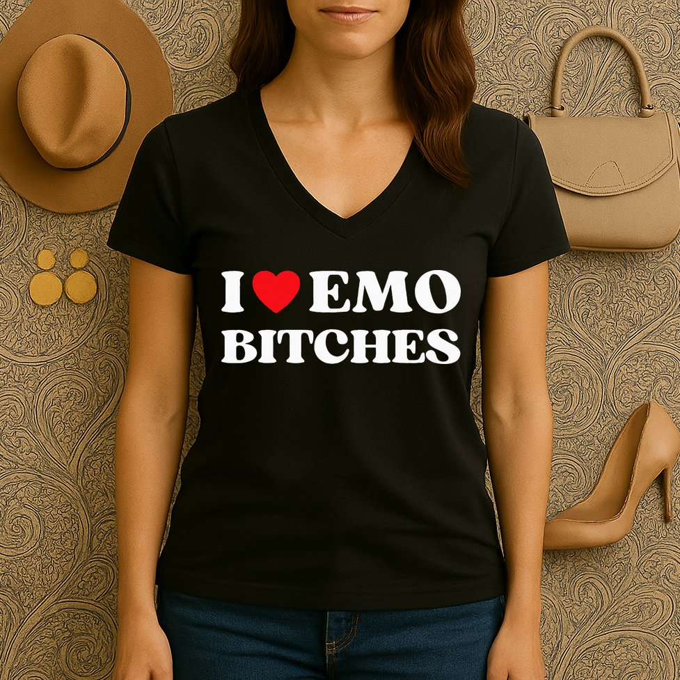 I Heart Emo Bitches Funny Quote Red Heart Emo Style Women's V-Neck T-Shirt