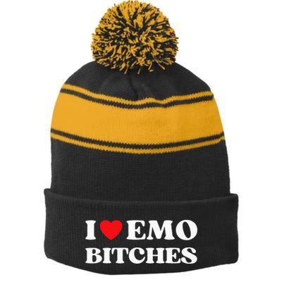 I Heart Emo Bitches Funny Quote Red Heart Emo Girl Style Stripe Pom Pom Beanie
