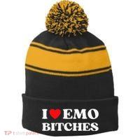 I Heart Emo Bitches Funny Quote Red Heart Emo Girl Style Stripe Pom Pom Beanie