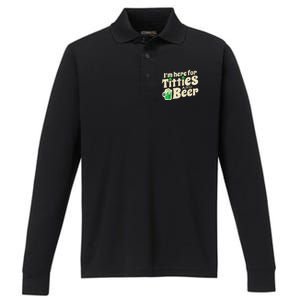 IM Here For Titties And Beer Funny St Patricks Day Drinking Performance Long Sleeve Polo