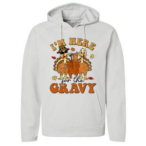 I'm Here For The Gravy Turkey Autumn Fall Thanksgiving Retro Performance Fleece Hoodie