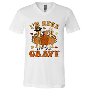 I'm Here For The Gravy Turkey Autumn Fall Thanksgiving Retro V-Neck T-Shirt