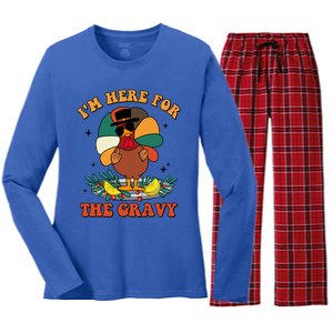 Im Here For The Gravy Turkey Autumn Thanksgiving Retro Great Gift Women's Long Sleeve Flannel Pajama Set 