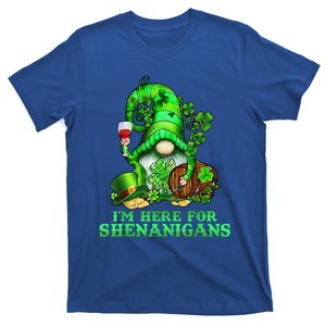 I'm Here For Shenanigans Gnome Wine Shamrock St Patricks Day Gift T-Shirt