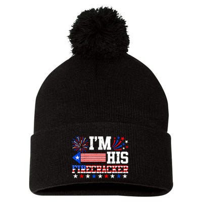 Im His Firecracker Funny 4th Of July Us Flag Couples Pom Pom 12in Knit Beanie