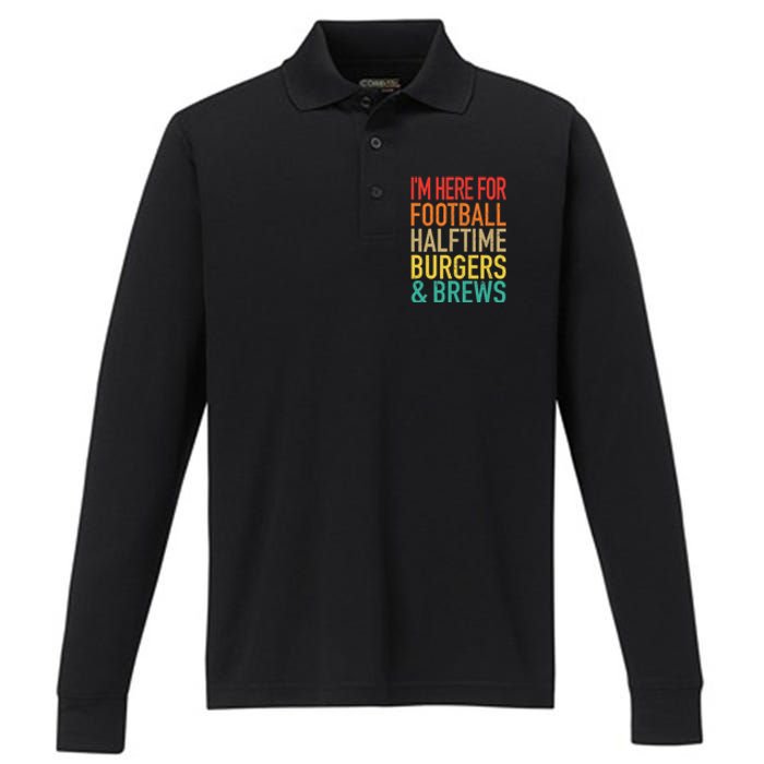 I'm Here For Football, Halftime, Burgers & Brew Performance Long Sleeve Polo