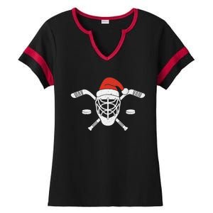 Ice Hockey Goalie Funny Christmas Santa Hockey Player Gift Ladies Halftime Notch Neck Tee