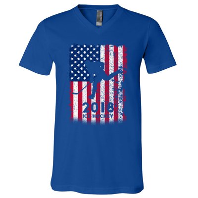 Ice Hockey Gift Usa American Flag 2018 V-Neck T-Shirt