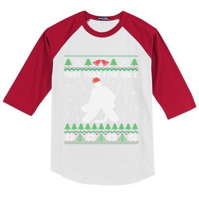 Ice Hockey Goalkeeper Ugly Christmas Shut Your Five Hole Gift Kids Colorblock Raglan Jersey