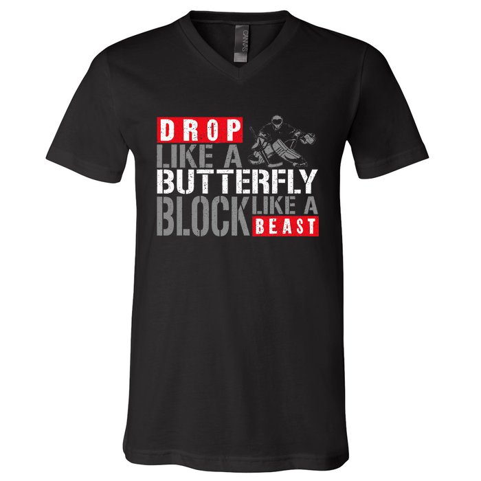 Ice Hockey Goalie Vintage Goalkeeper Drop Like A Butterfly V-Neck T-Shirt