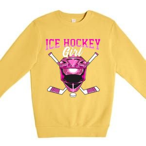 Ice Hockey Girl Player Goalie Mask Sticks Puck Premium Crewneck Sweatshirt