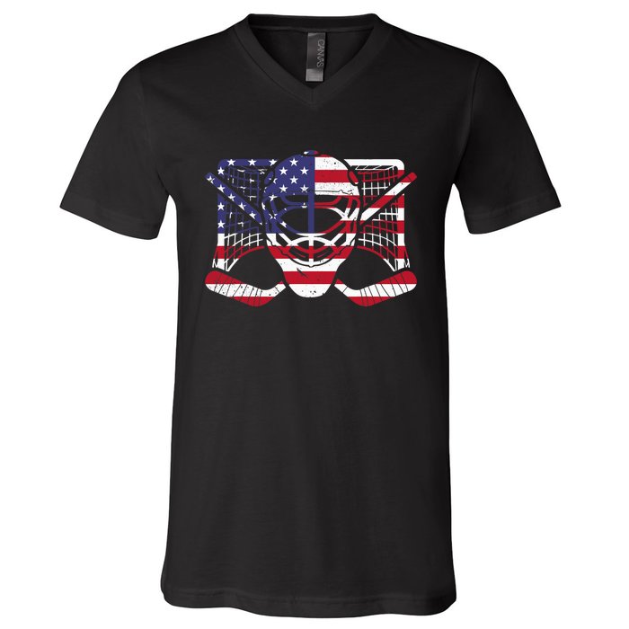 Ice Hockey Goalie American Flag USA Goalie mask 4th of July V-Neck T-Shirt